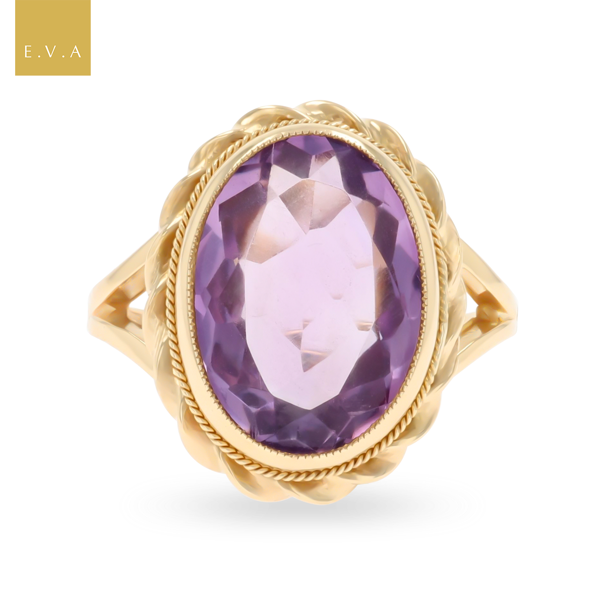 9ct Yellow Gold Oval Shaped Amethyst Rope Edge Dress Ring