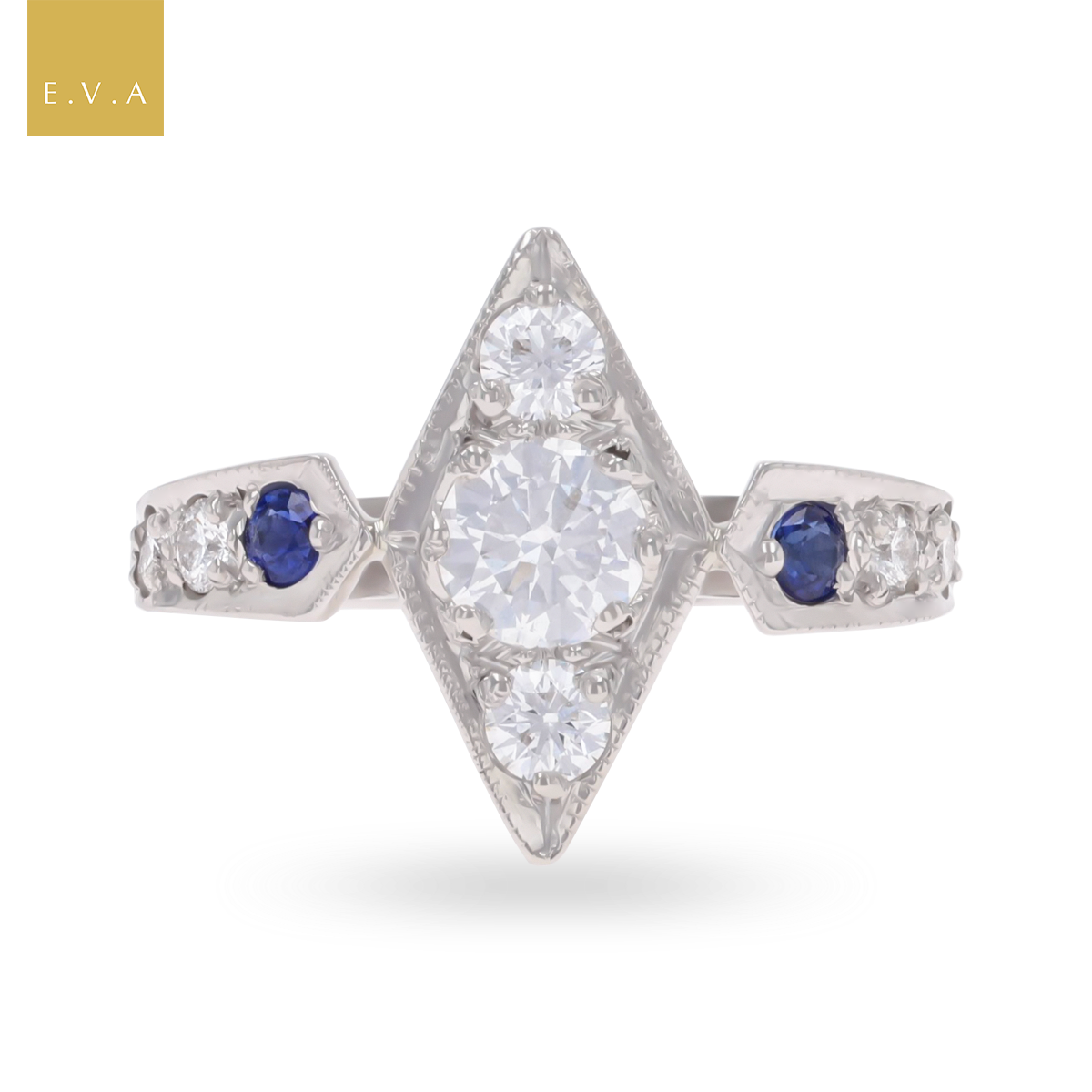 Platinum Diamond & Sapphire Set Kite Shaped Ring