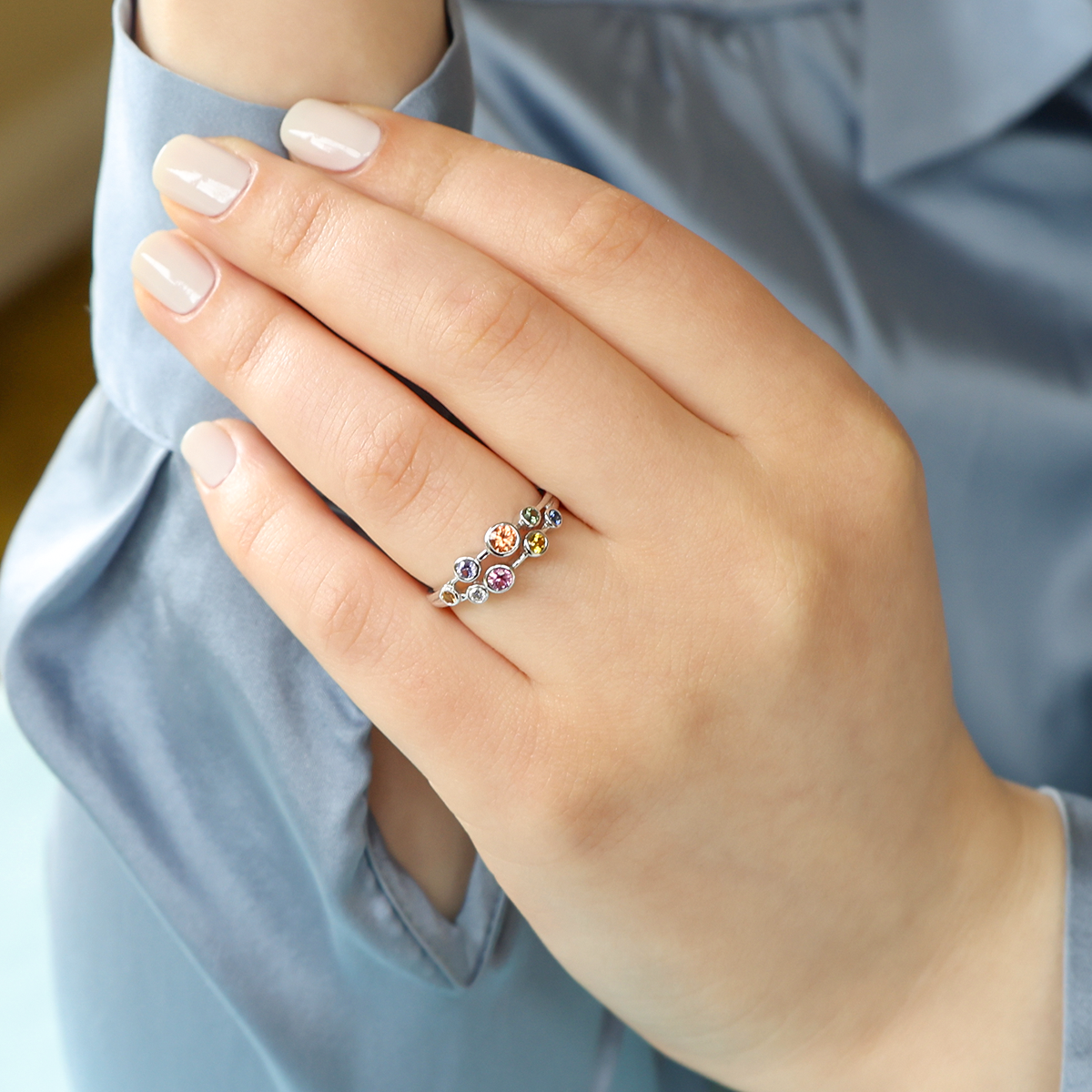 Model wears Platinum Two Strand Fancy Sapphire & Diamond Bubble Ring