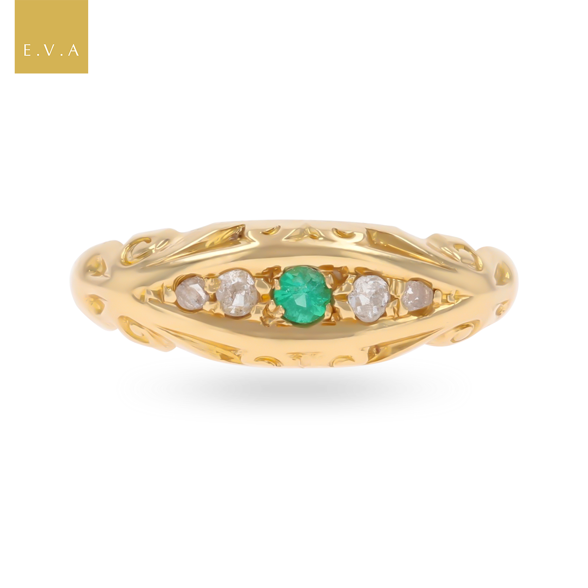 18ct Yellow Gold Emerald & Diamond Five Stone Edwardian Ring