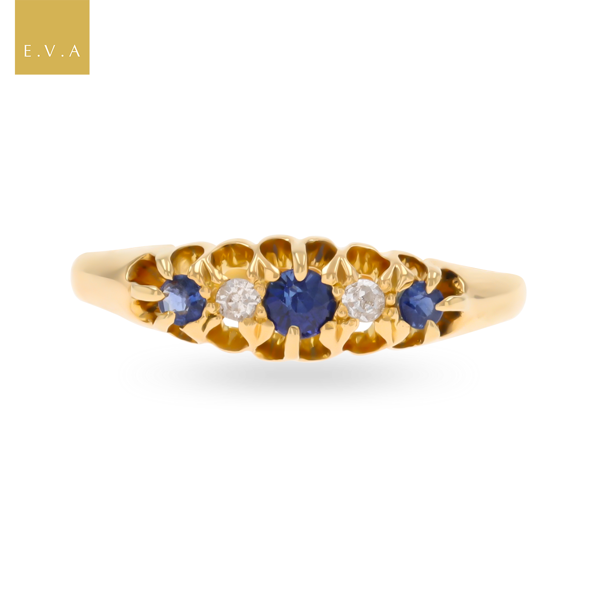 18ct Yellow Gold Sapphire & Diamond Five Stone Antique Ring