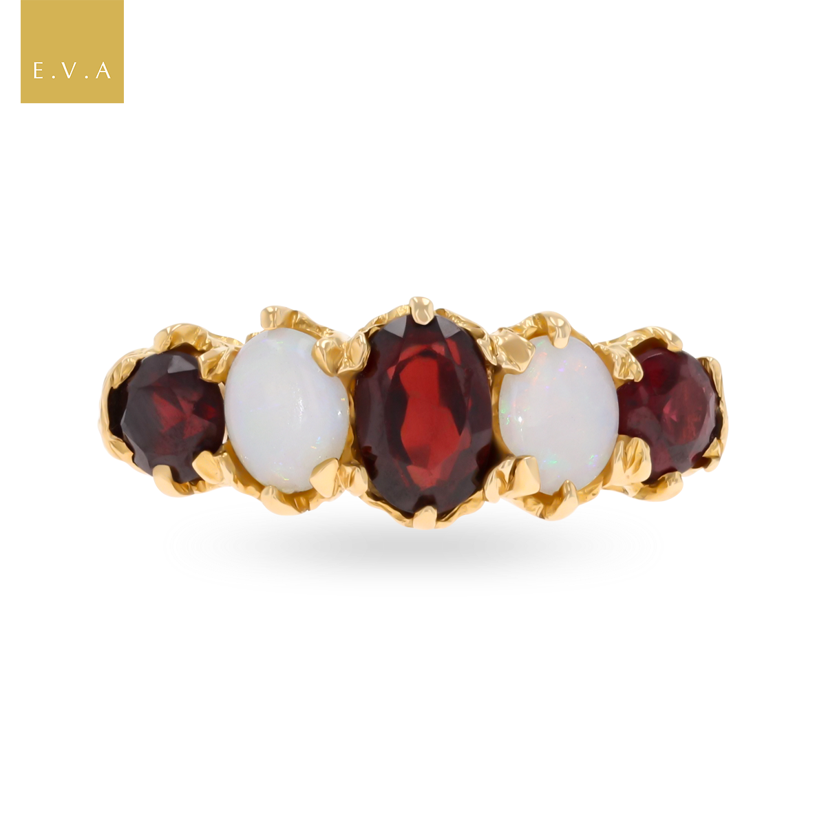9ct Yellow Gold Garnet & Opal Five Stone Ring