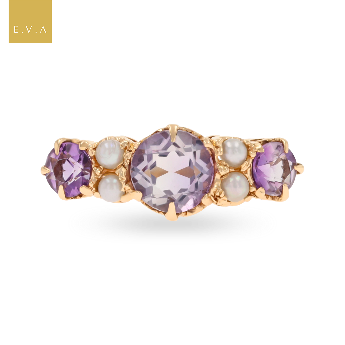 Un-hallmarked 9ct Yellow Gold Amethyst & Cultured Pearl Seven Stone Ring