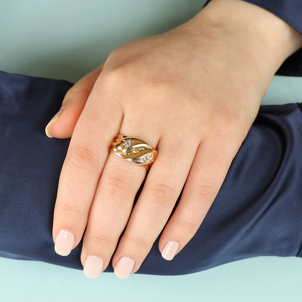 Model wears 18ct Yellow Gold Double Snake Old Cut Diamond Edwardian Ring