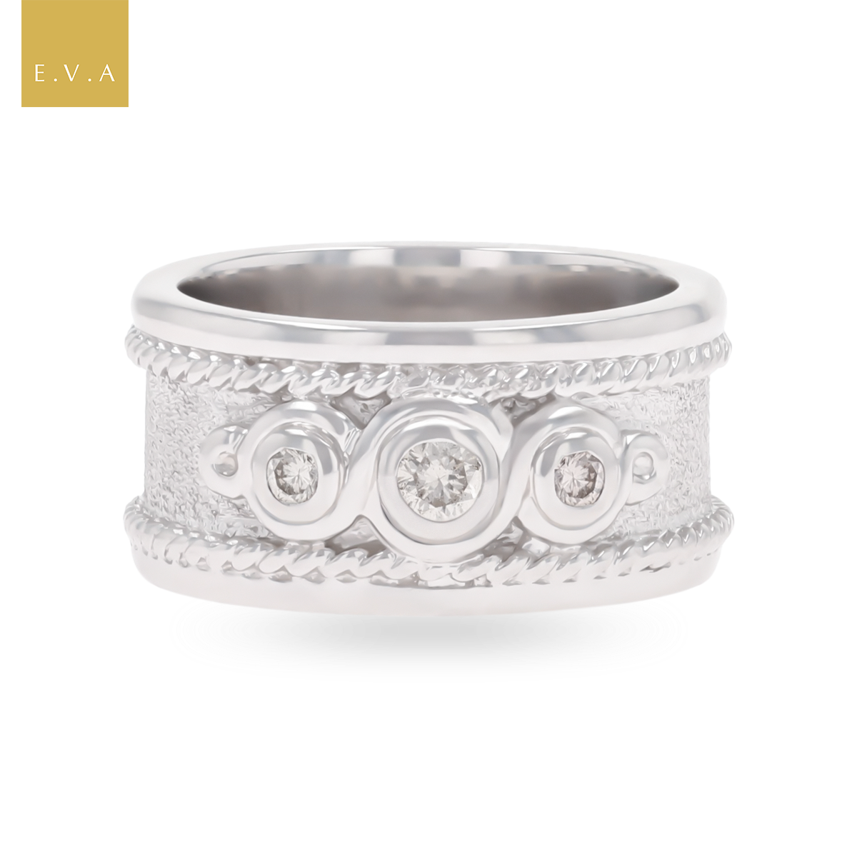 9ct White Gold Diamond Set Satin Rope Edge Ring