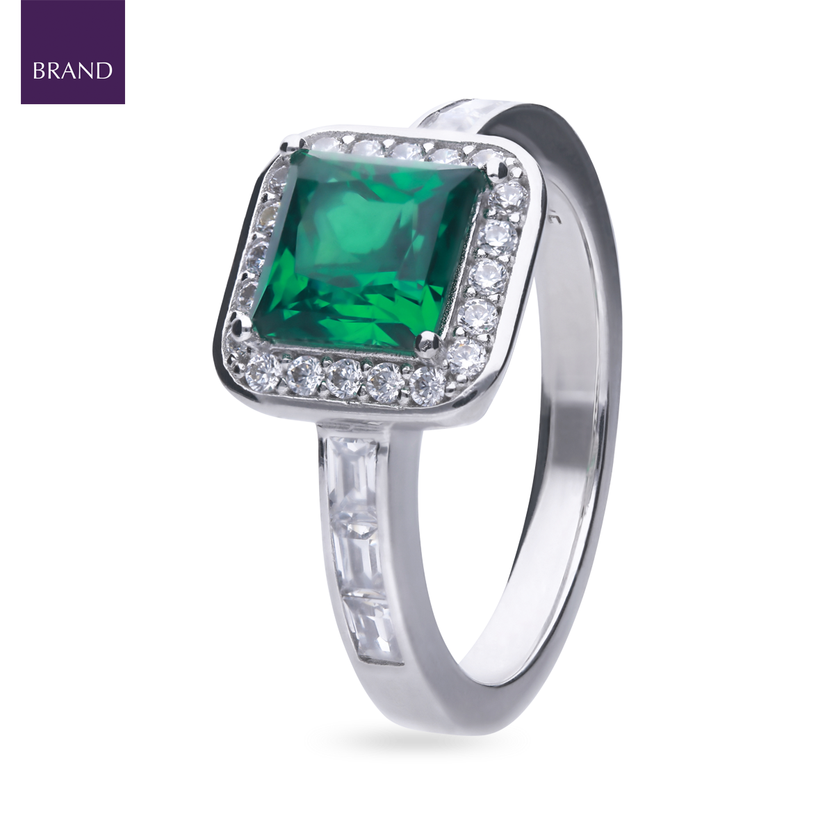 Sterling Silver Art Deco Stye Green Cubic Zirconia Pave Set Ring