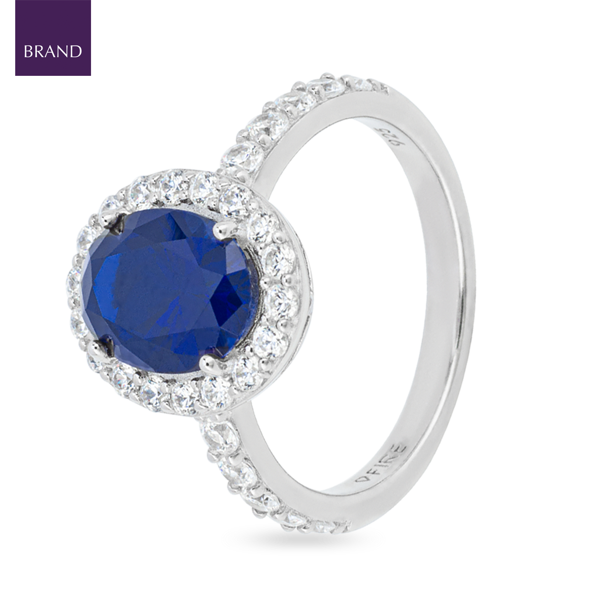 Sterling Silver Oval Blue Cubic Zirconia Halo & Shoulders Ring