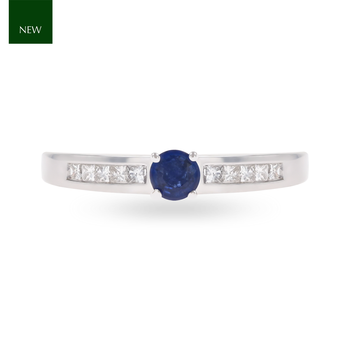 18ct White Gold Sapphire & Princess Cut Diamond Set Shoulders Solitaire Ring