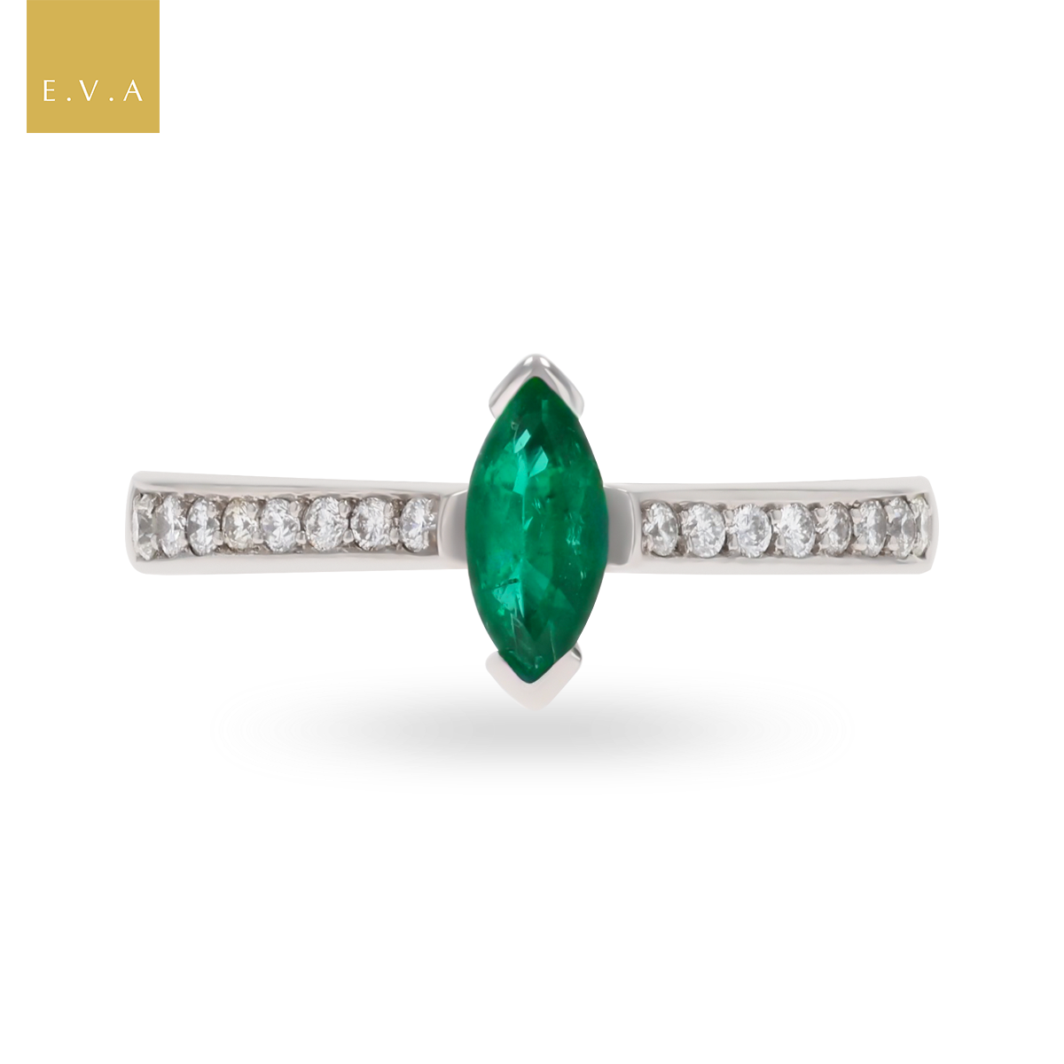 18ct White Gold Marquise Cut Emerald & Diamond Set Shoulders Ring