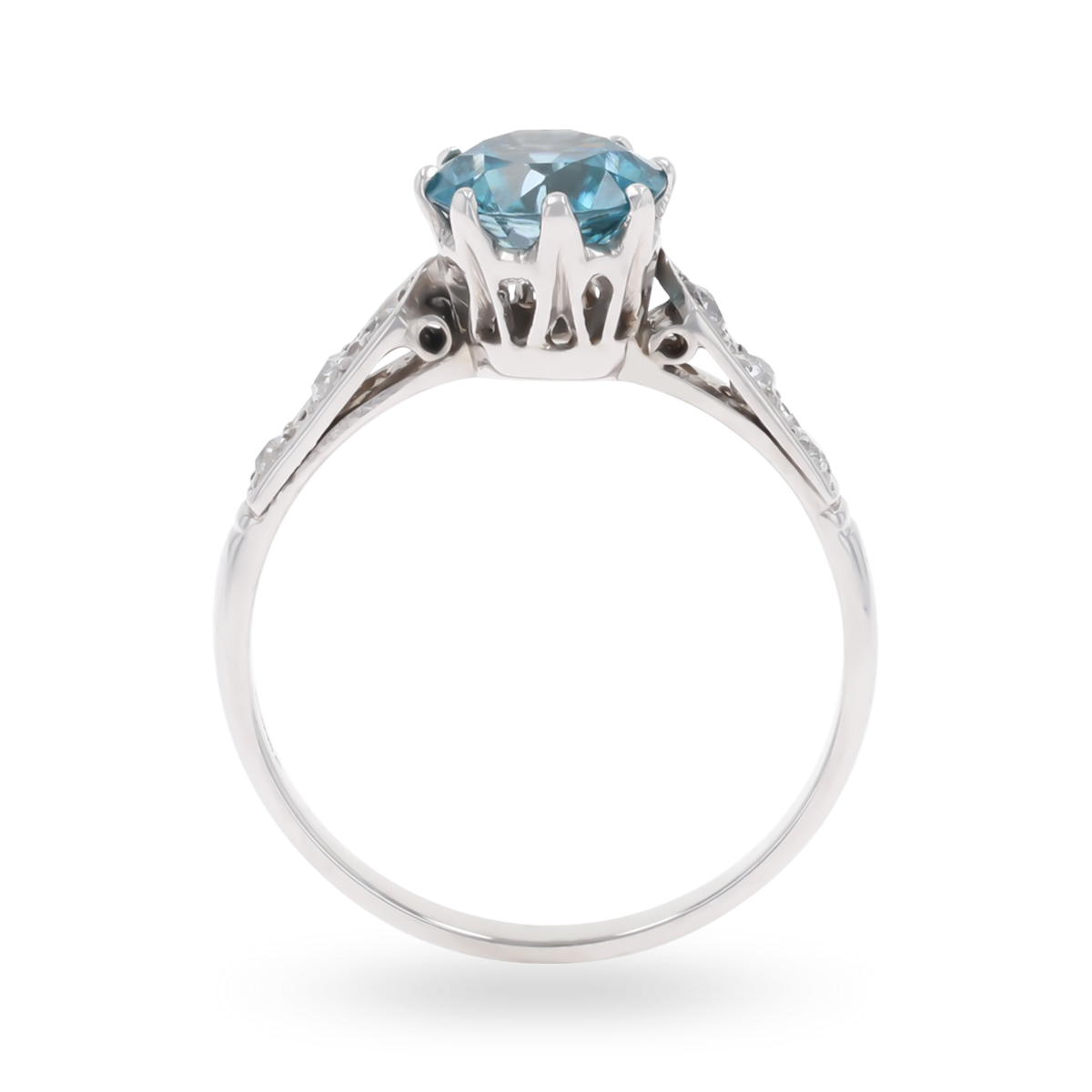 18ct White Gold Blue Zircon & Diamond Set Shoulders Ring