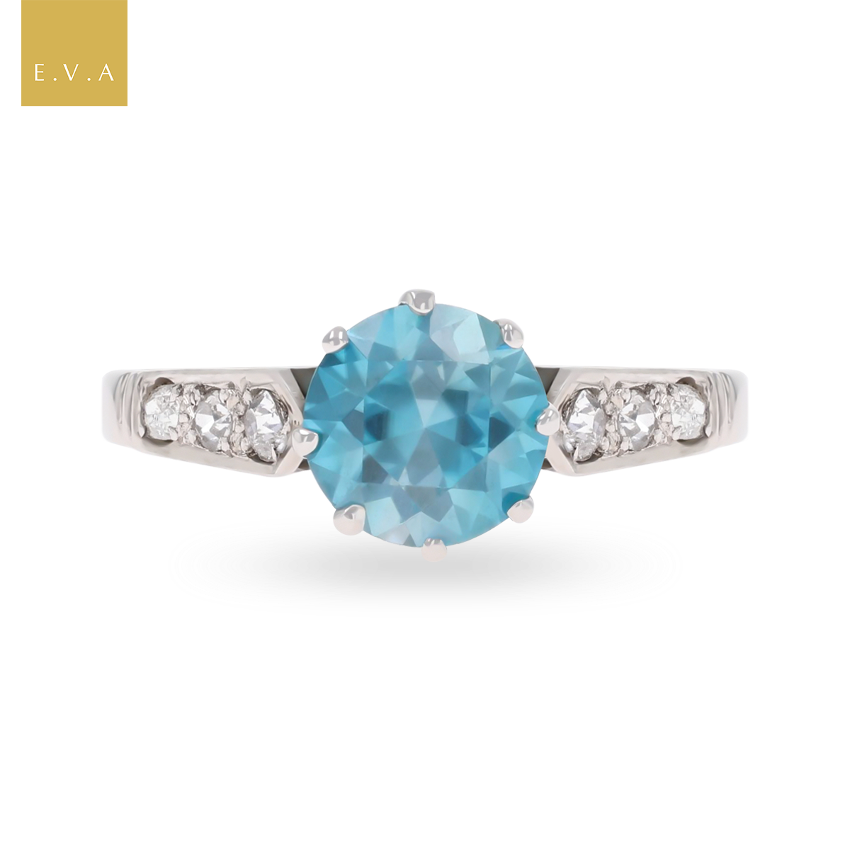 18ct White Gold Blue Zircon & Diamond Set Shoulders Ring