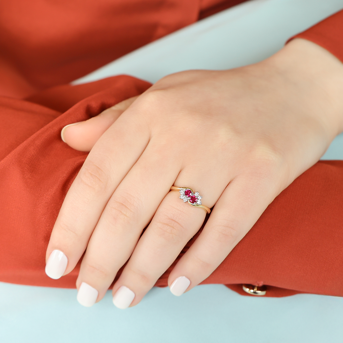 Model wears 18ct Yellow Gold Ruby & Diamond Toi et Moi Cluster Ring