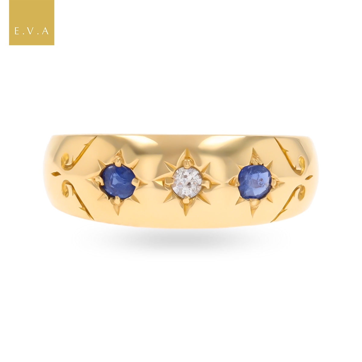 18ct Yellow Gold Sapphire & Diamond Trilogy Victorian Ring