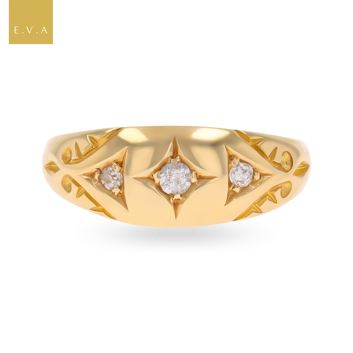 18ct Yellow Gold Old Mine Cut Diamond Trilogy Edwardian Ring