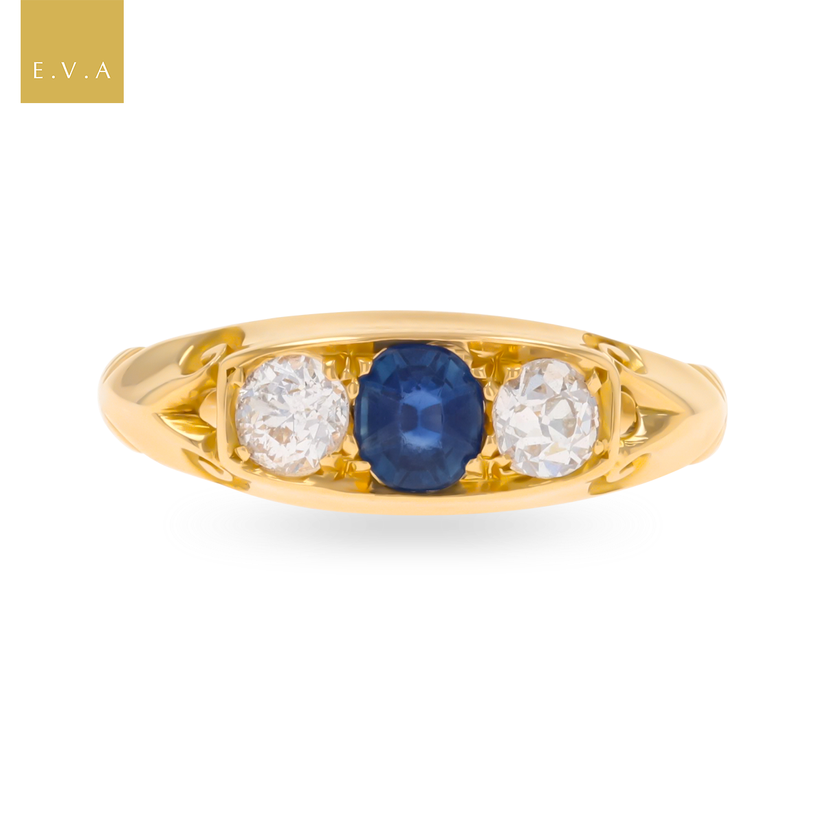 18ct Yellow Gold Sapphire & Old Cut Diamond Trilogy Edwardian Ring