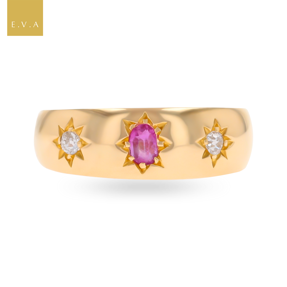 18ct Yellow Gold Pink Sapphire & Diamond Trilogy Victorian Ring