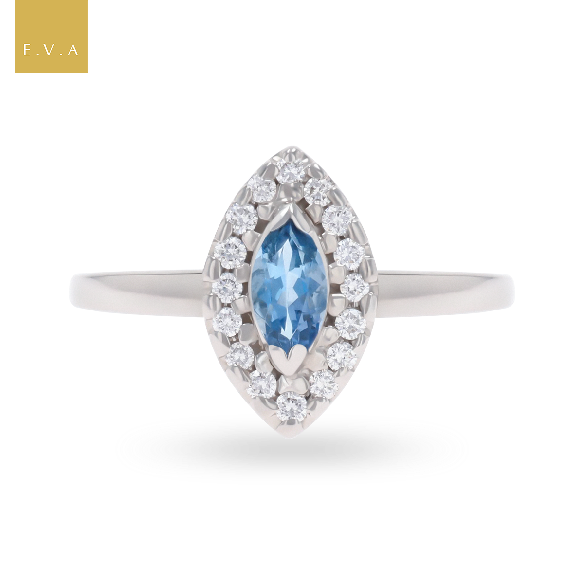 18ct White Gold Marquise Shaped Aquamarine & Diamond Cluster Ring