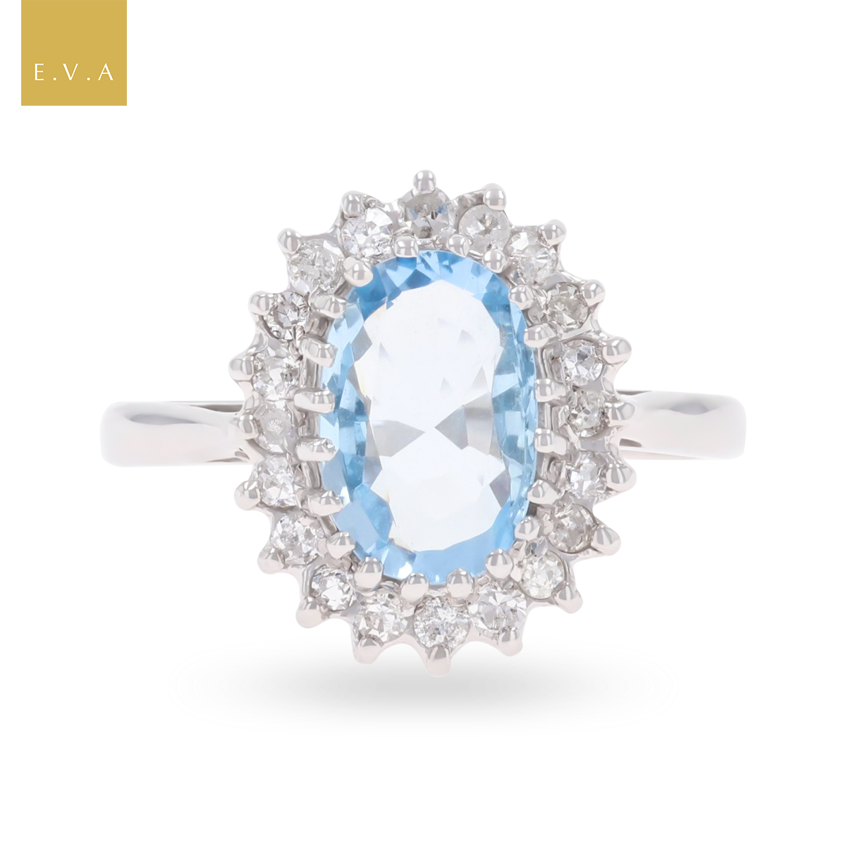18ct White Gold Oval Cut Aquamarine & Diamond Cluster Ring