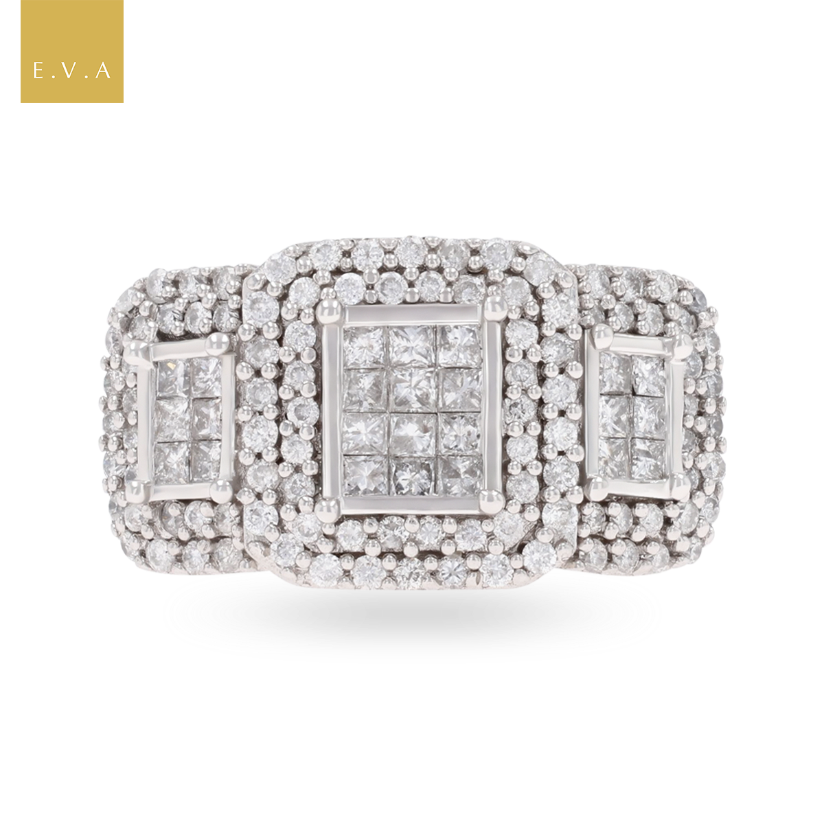 18ct White Gold Octagonal Shaped 1.00ctw Diamond Trilogy Cluster Ring