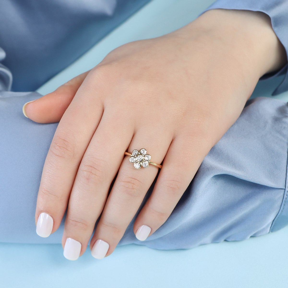 Model wears 18ct Yellow Gold Diamond Bezel Set Flower Cluster Ring