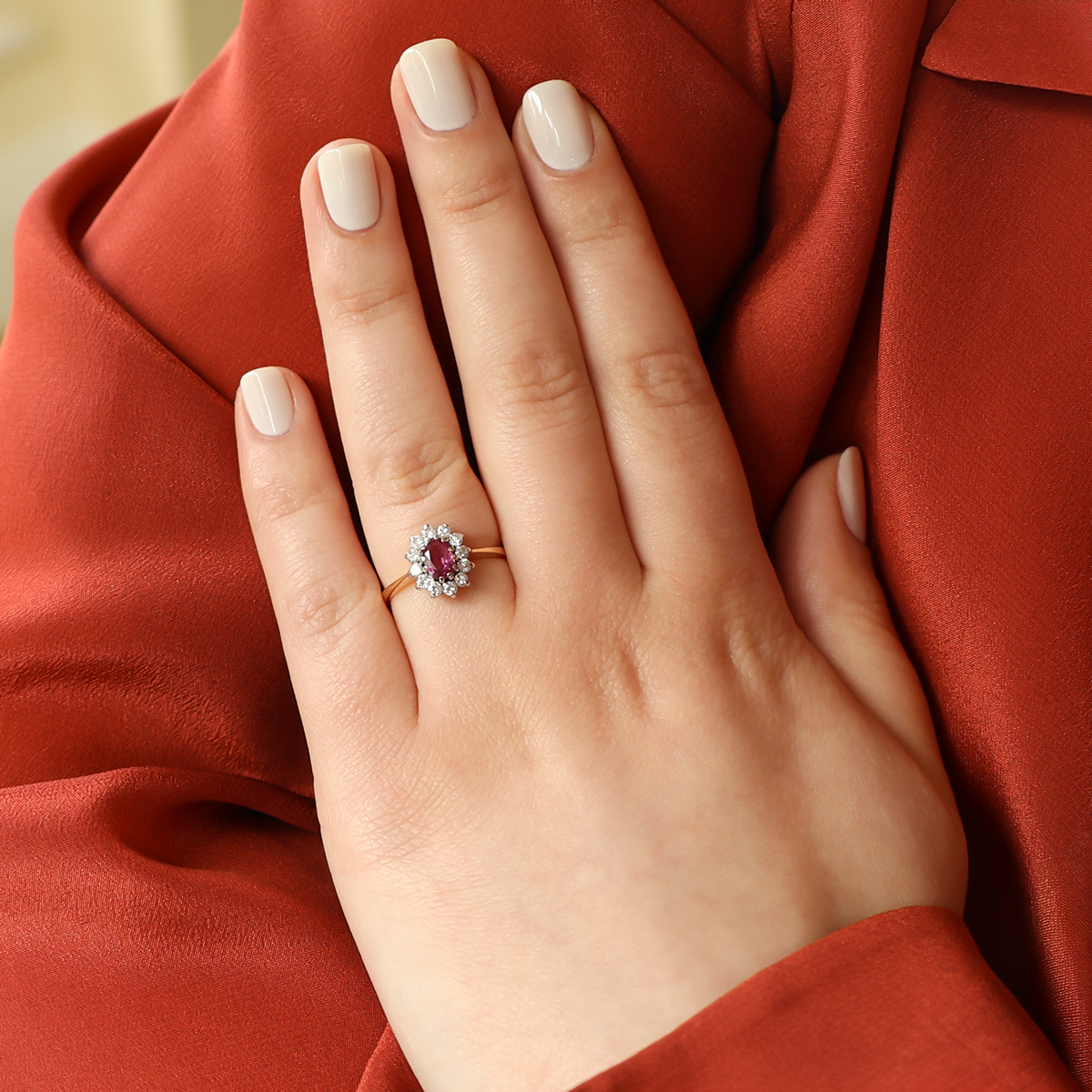 Model wears 18ct Yellow Gold Ruby & Diamond Cluster Ring