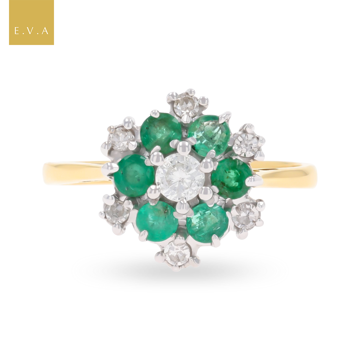 18ct Yellow Gold Emerald & Diamond Snowflake Cluster Ring
