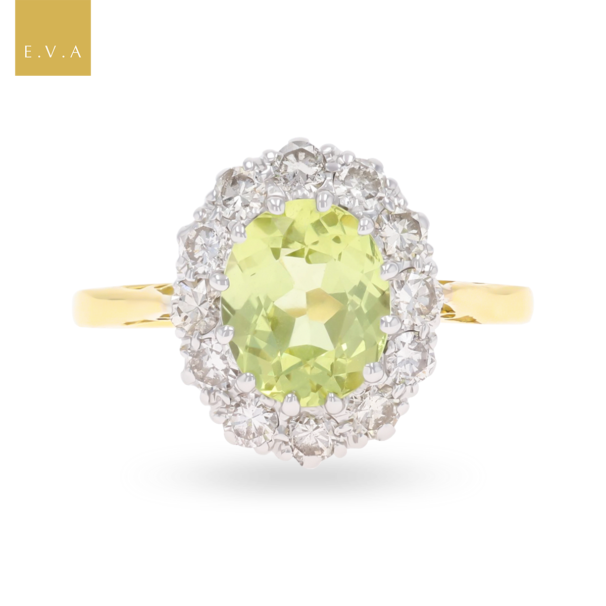 18ct Yellow Gold Oval Shaped Chrysoberyl & Diamond Cluster Ring