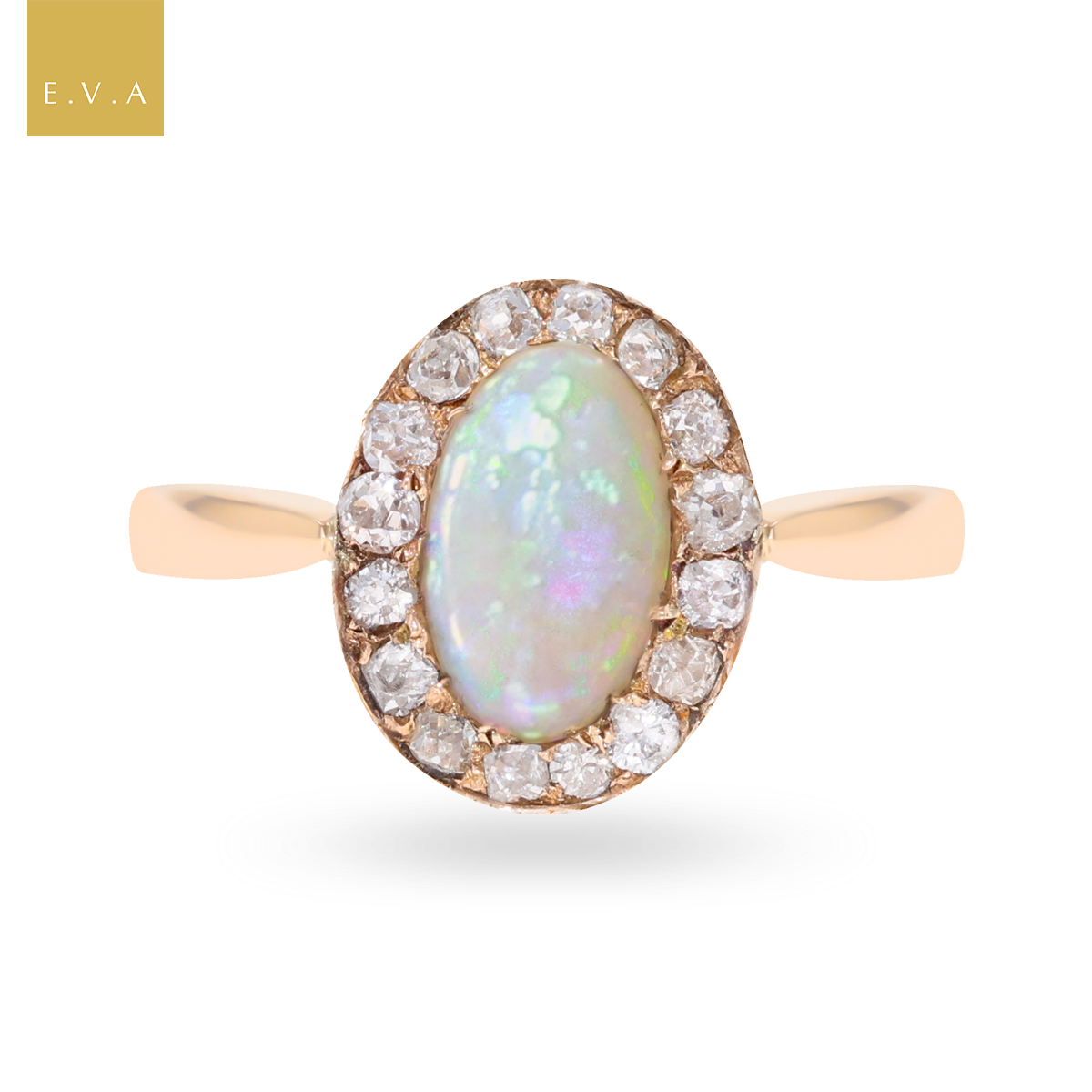 18ct Yellow Gold Opal & Old Cut Diamond Cluster Ring