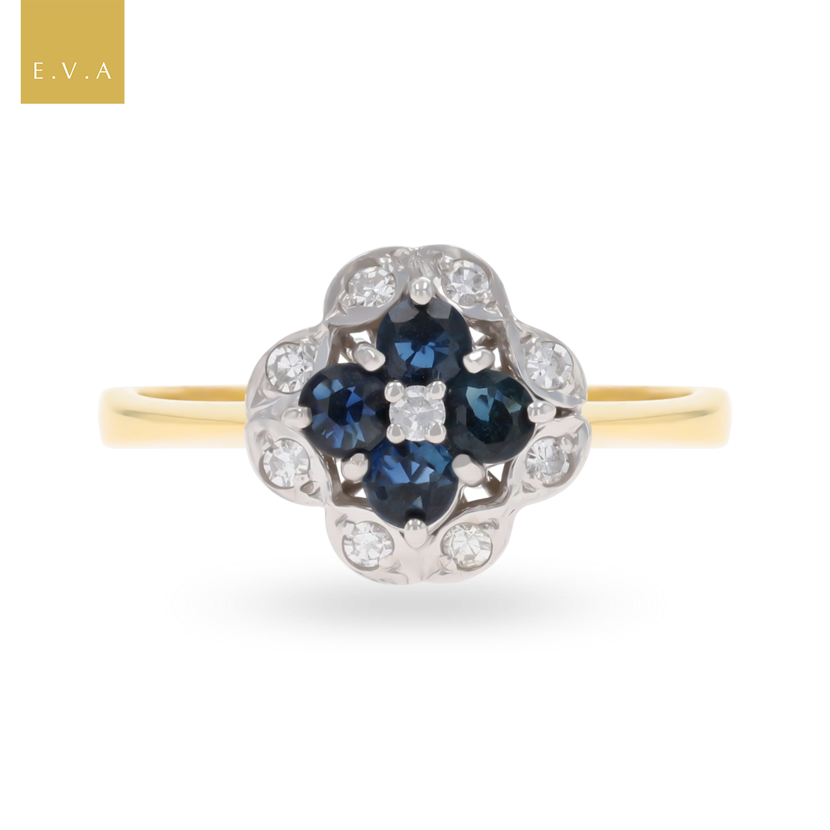 18ct Yellow Gold Sapphire & Diamond Quatrefoil Cluster Ring