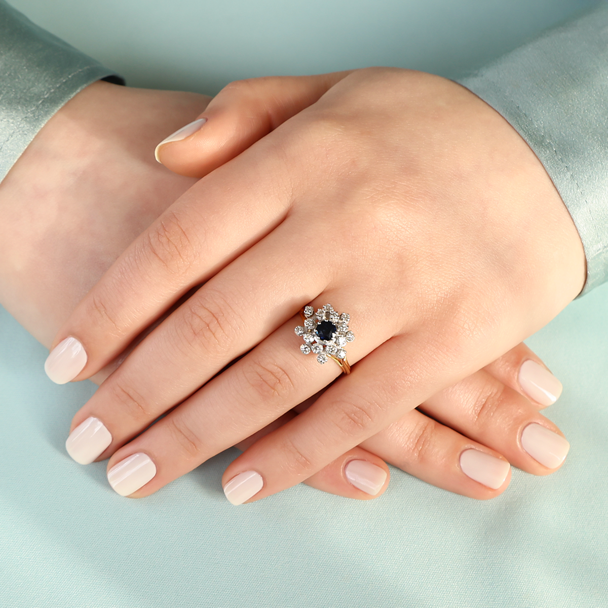 Model wears 18ct Yellow Gold Sapphire & Diamond Celestial Cluster Ring
