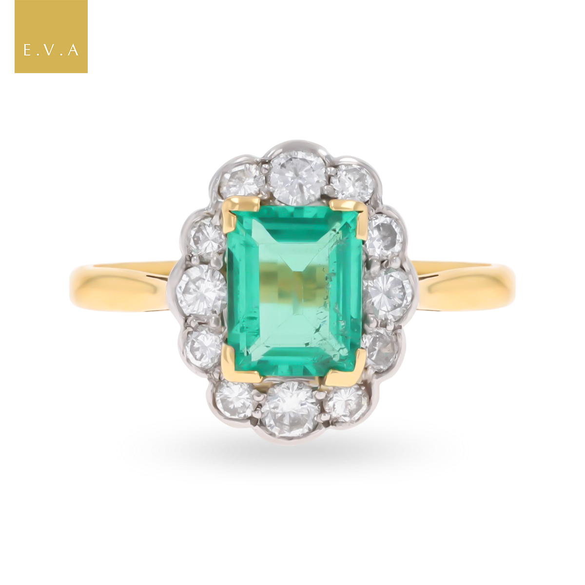 18ct Yellow Gold & Platinum Emerald & Diamond Scalloped Cluster Ring