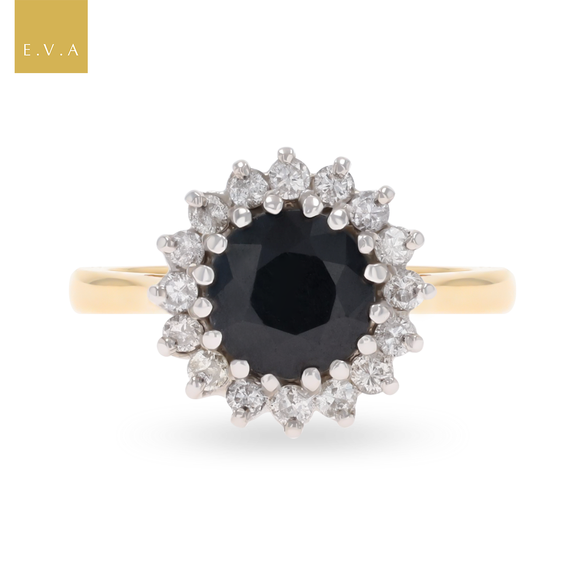 9ct Yellow Gold Round Shaped Black Sapphire & Diamond Cluster Ring