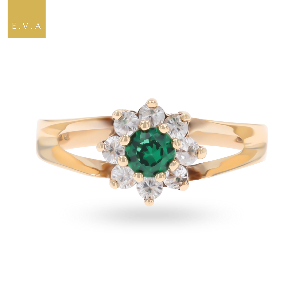 9ct Yellow Gold Green & White Paste Cluster Ring