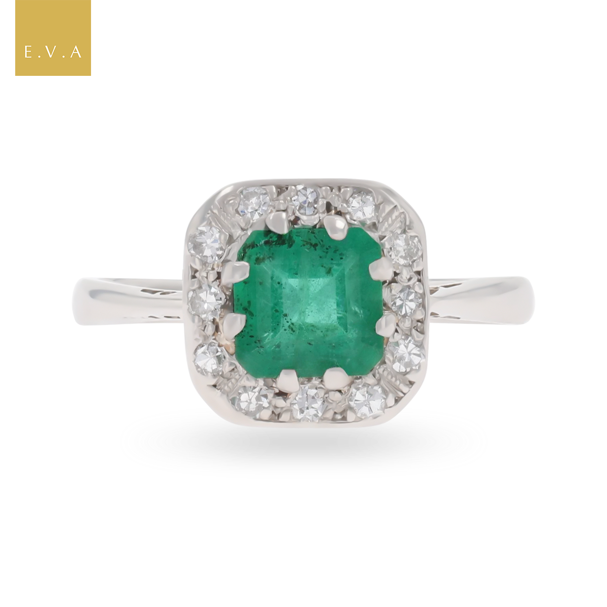Platinum Asscher Cut Emerald & Diamond Cluster Ring