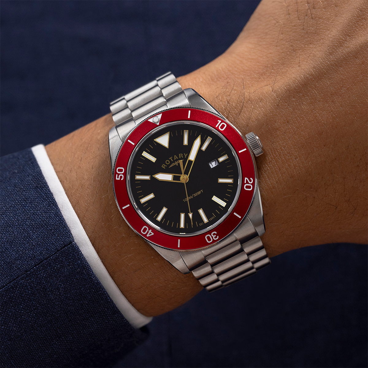 Model wears Rotary Apex 100 Watch, Red Bezel with Stainless Steel Bracelet - RGB10001/98