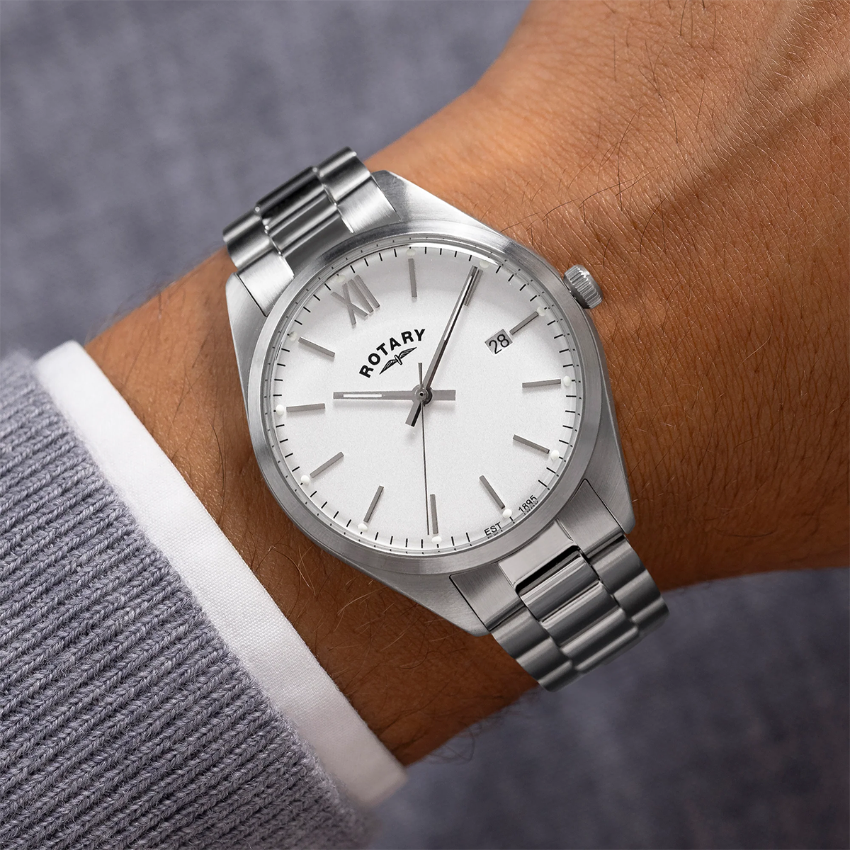 Model wears Rotary Heritage Watch, White Dial with Stainless Steel Bracelet - RGB10003/01