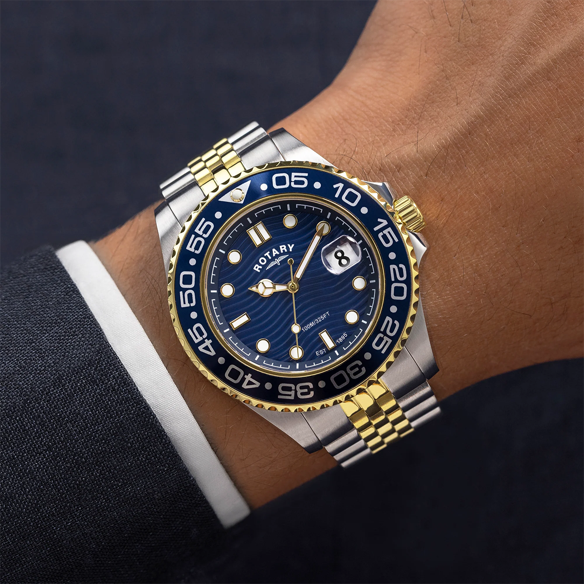 Model wears Rotary Apex 100 2-Tone Watch, Blue Dial with Stainless Steel Bracelet - RGB10018/05