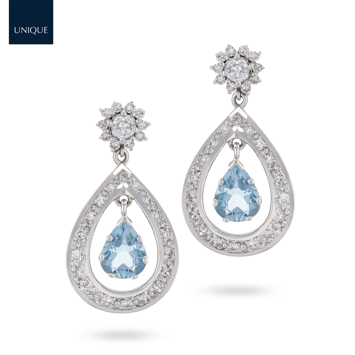 18ct White Gold Aquamarine & Diamond Pear Shaped Drop Earrings