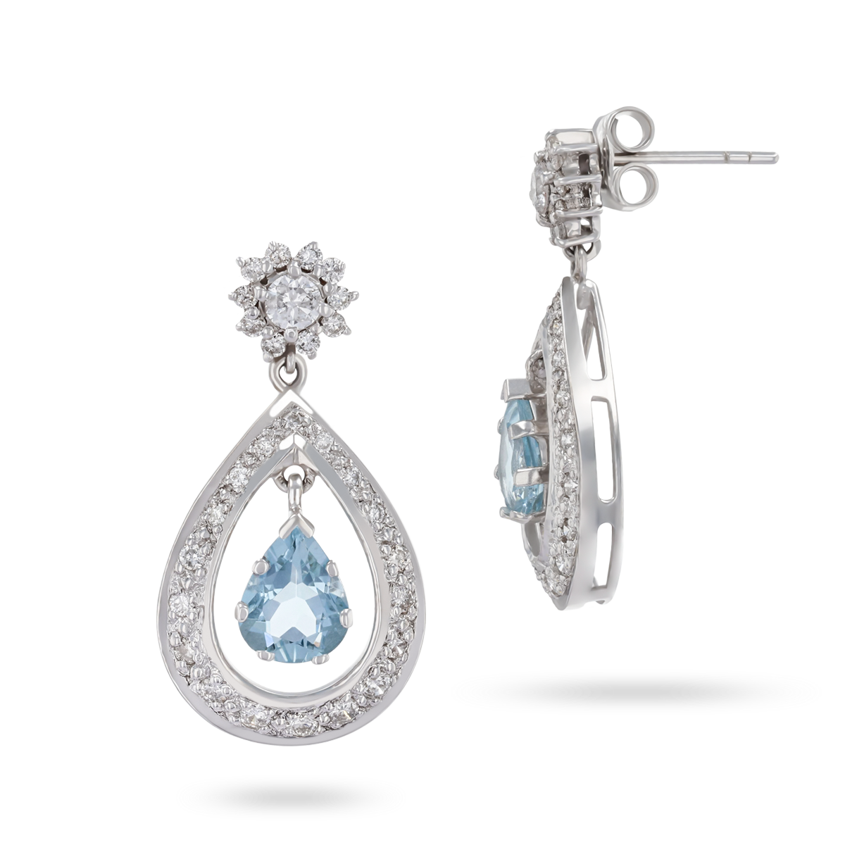 18ct White Gold Aquamarine & Diamond Pear Shaped Drop Earrings