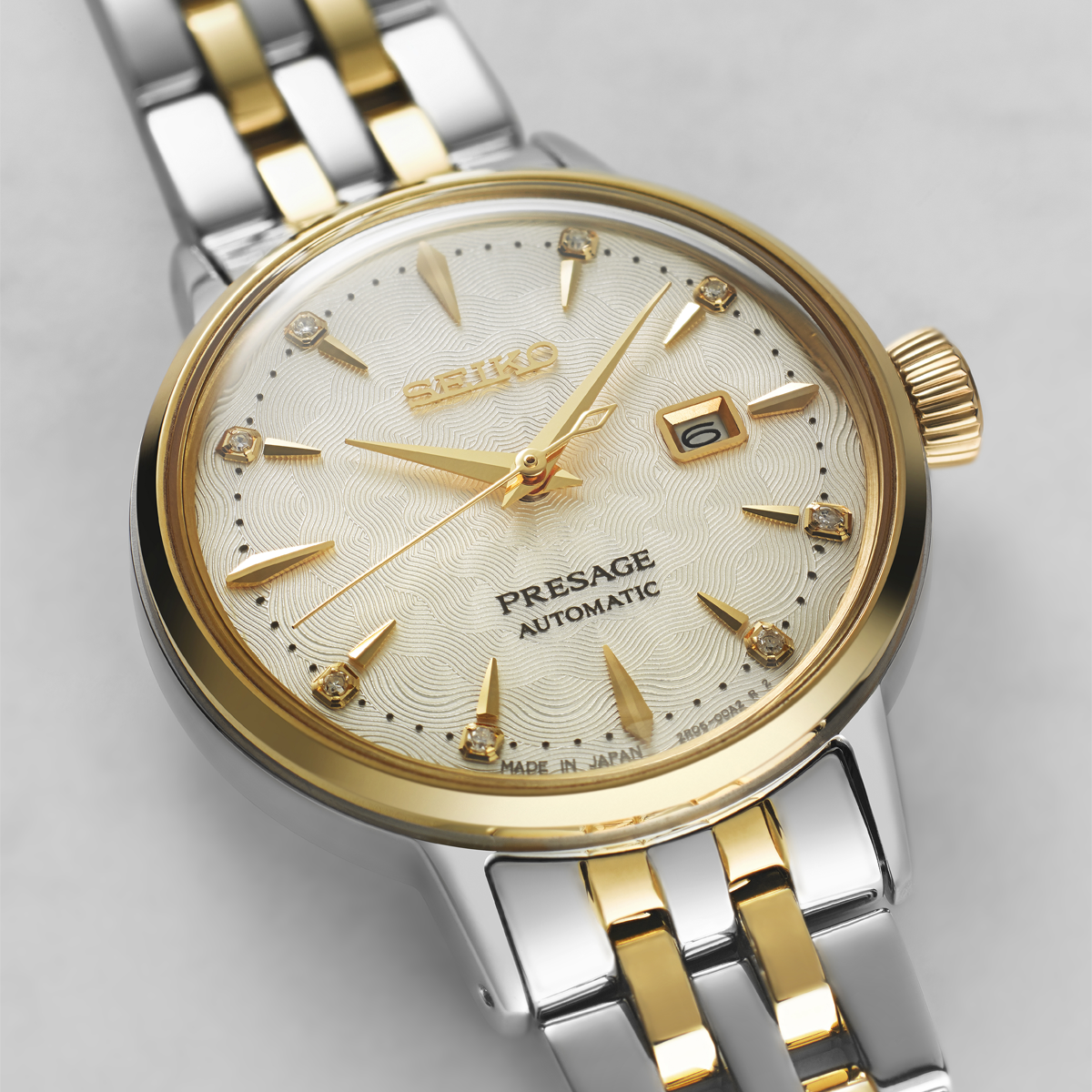 Seiko Presage Cocktail Time “White Lady” Diamond Twist, Gold Dial with 2-Tone Bracelet - SRE010J1