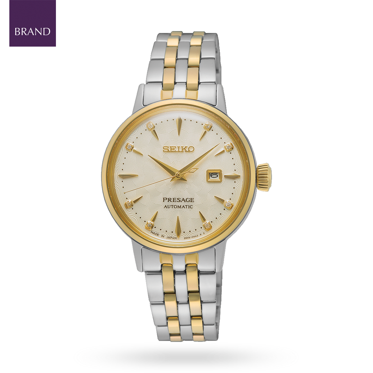 Seiko Presage Cocktail Time “White Lady” Diamond Twist, Gold Dial with 2-Tone Bracelet - SRE010J1