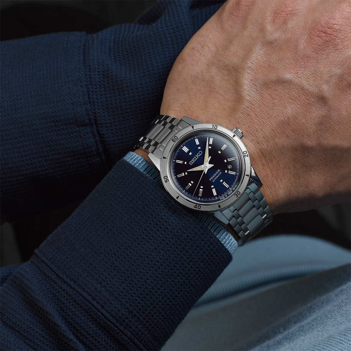 Model wears Seiko Presage Style 60s 'Elegant Yet Rugged' In Navy - SRPL07J1