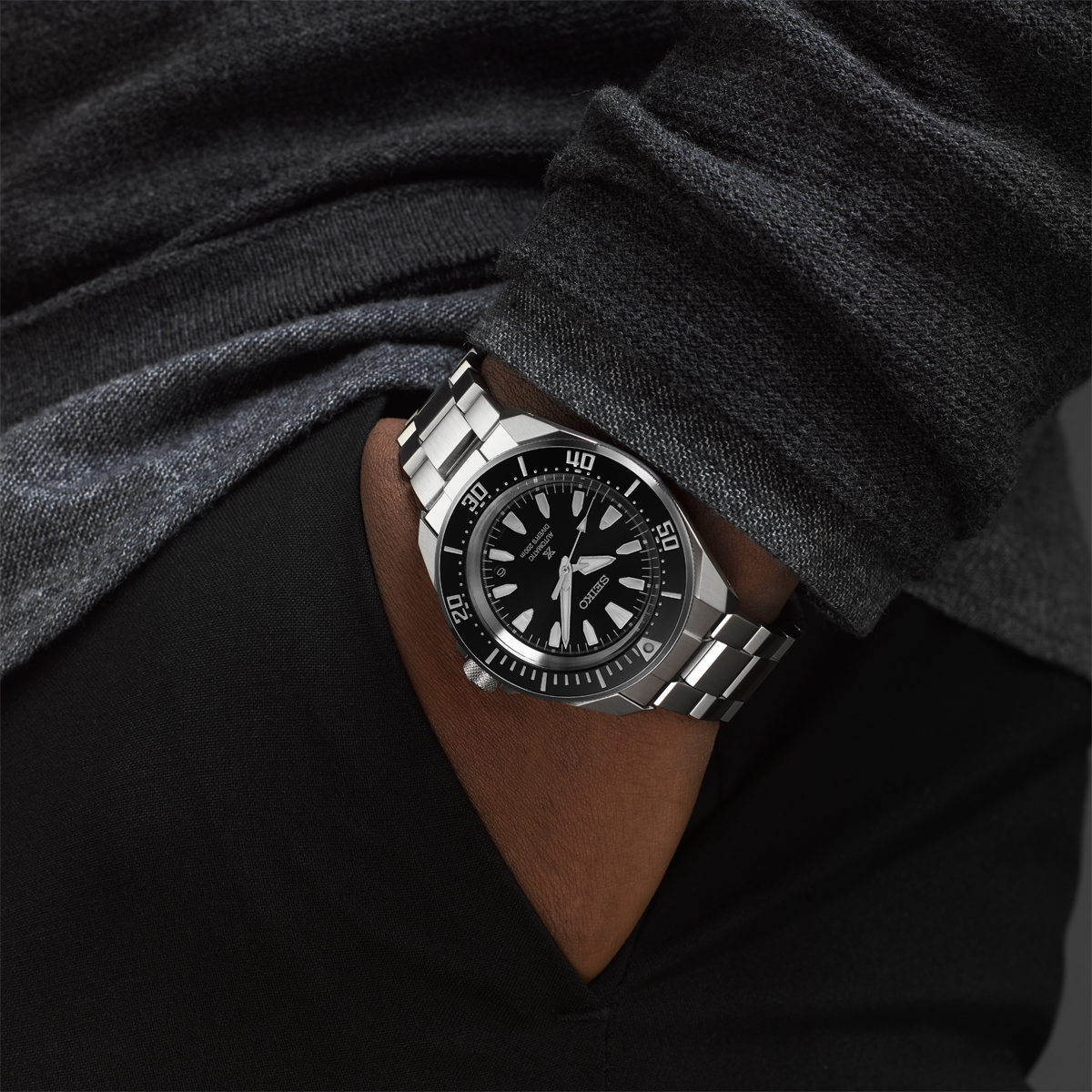 Model wears Seiko Prospex 4R Black 'Shog-urai' Diver, Black Dial with Stainless Steel Bracelet - SRPL13K1