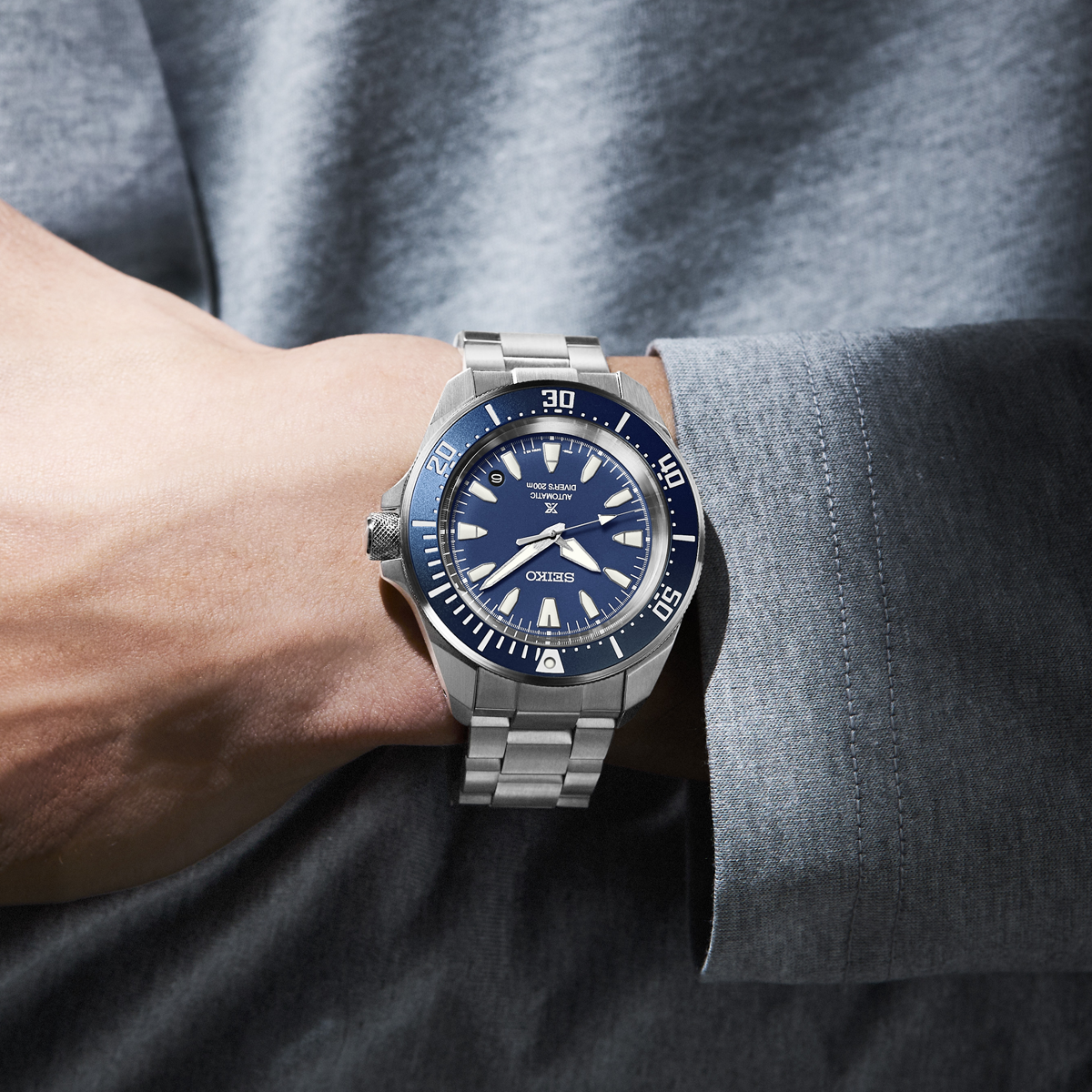 Model wears Seiko Prospex 4R Compact Mechanical Diver’s Watch In Cobalt Blue - SRPL51K1