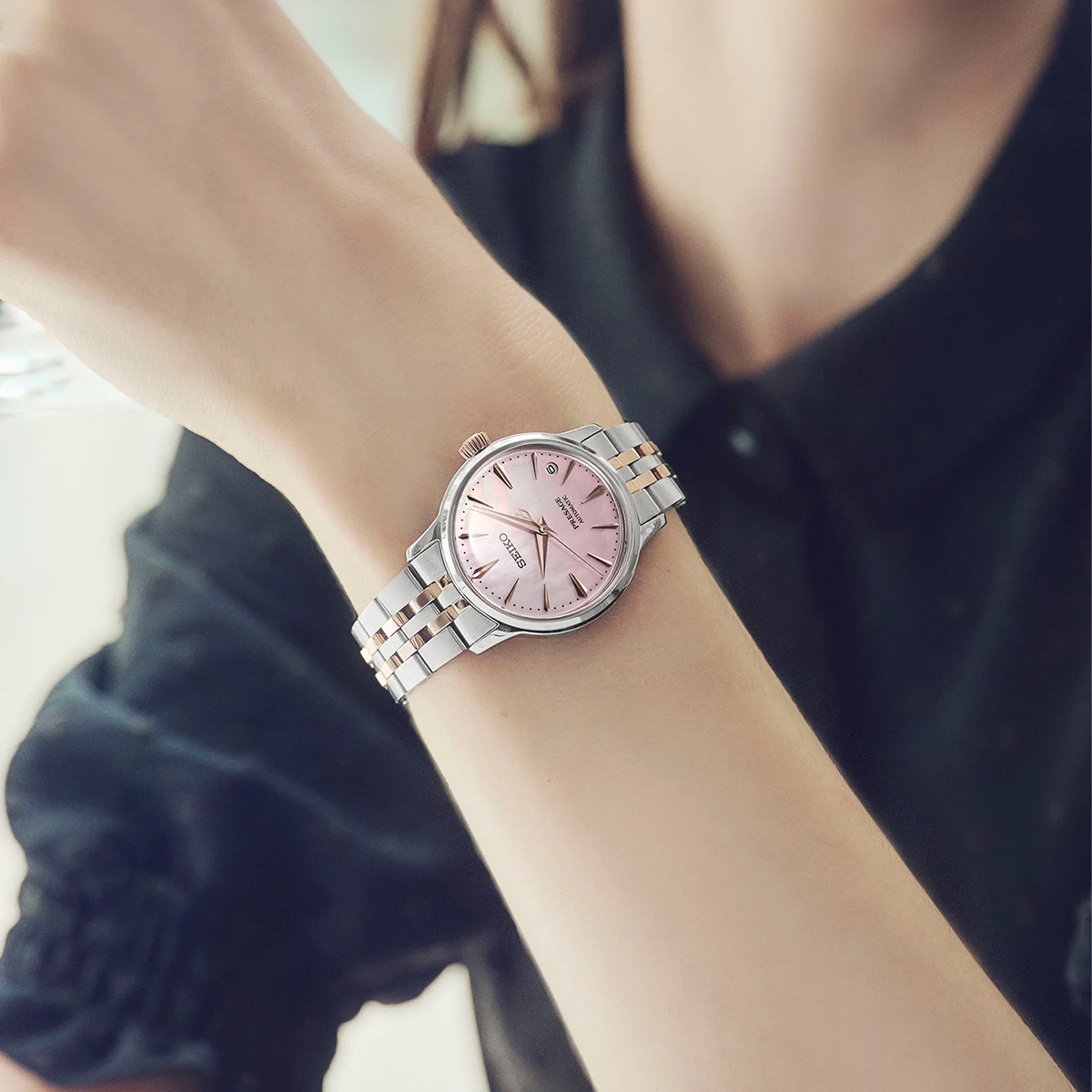 Model wears Seiko Presage Cocktail Time 'Springtime' Limited Edition - SRPM06J1