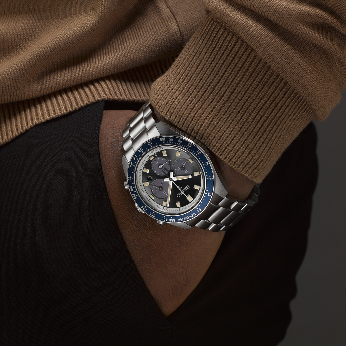 Model wears Seiko Prospex 'Grand Touring' Solar Speedtimer Chronograph - SSC939P1