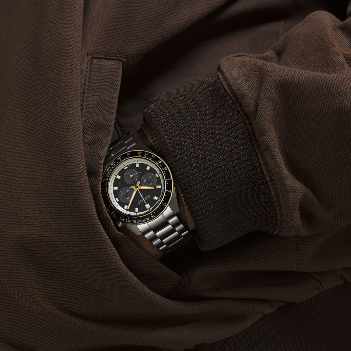 Model wears Seiko Prospex 'Circuit Race' Solar Speedtimer Chronograph - SSC941P1