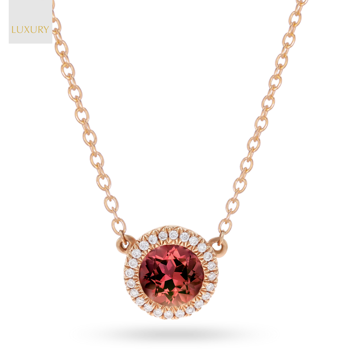 18ct Rose Gold Pink Tourmaline & Diamond Halo Necklace