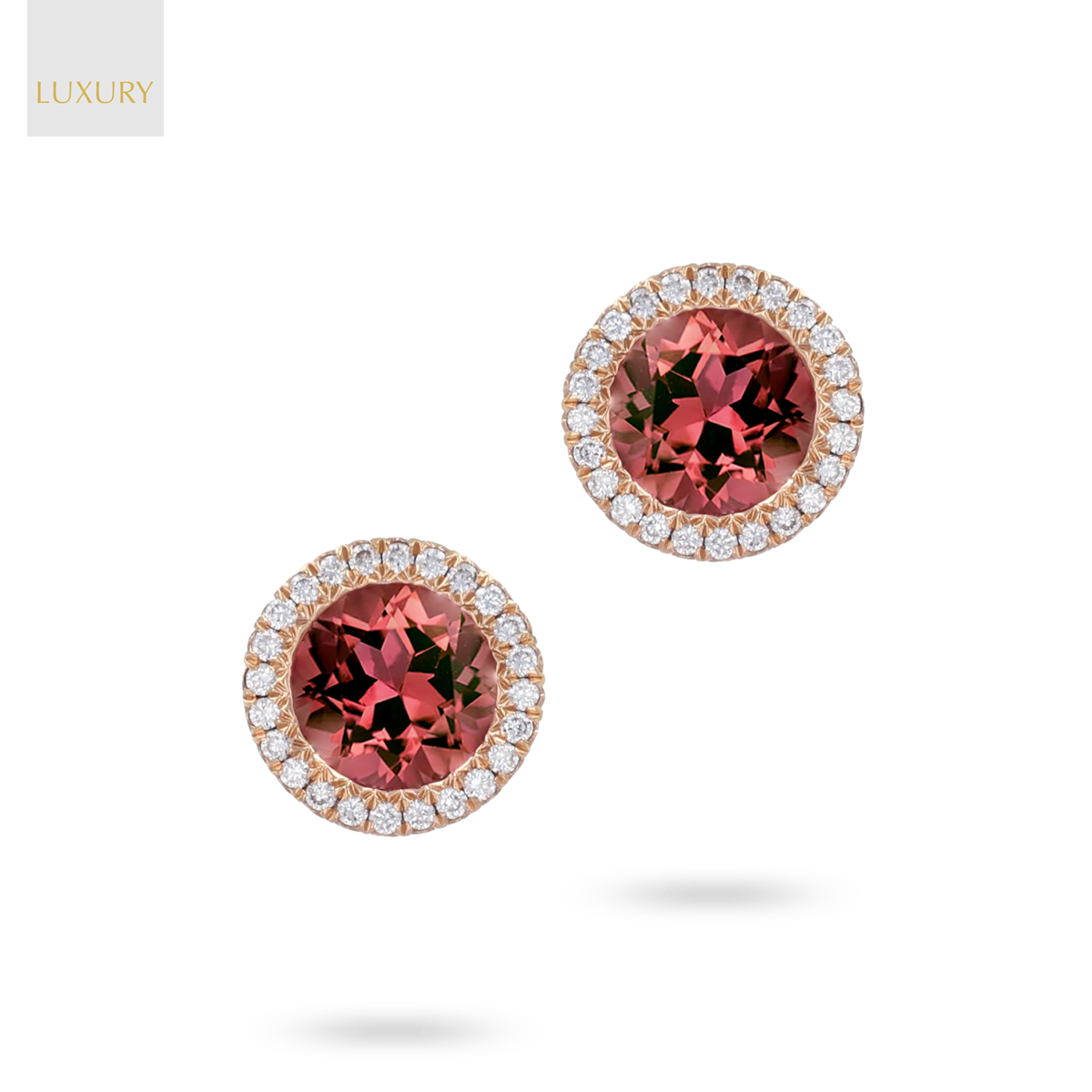 18ct Rose Gold Pink Tourmaline & Diamond Halo Stud Earrings