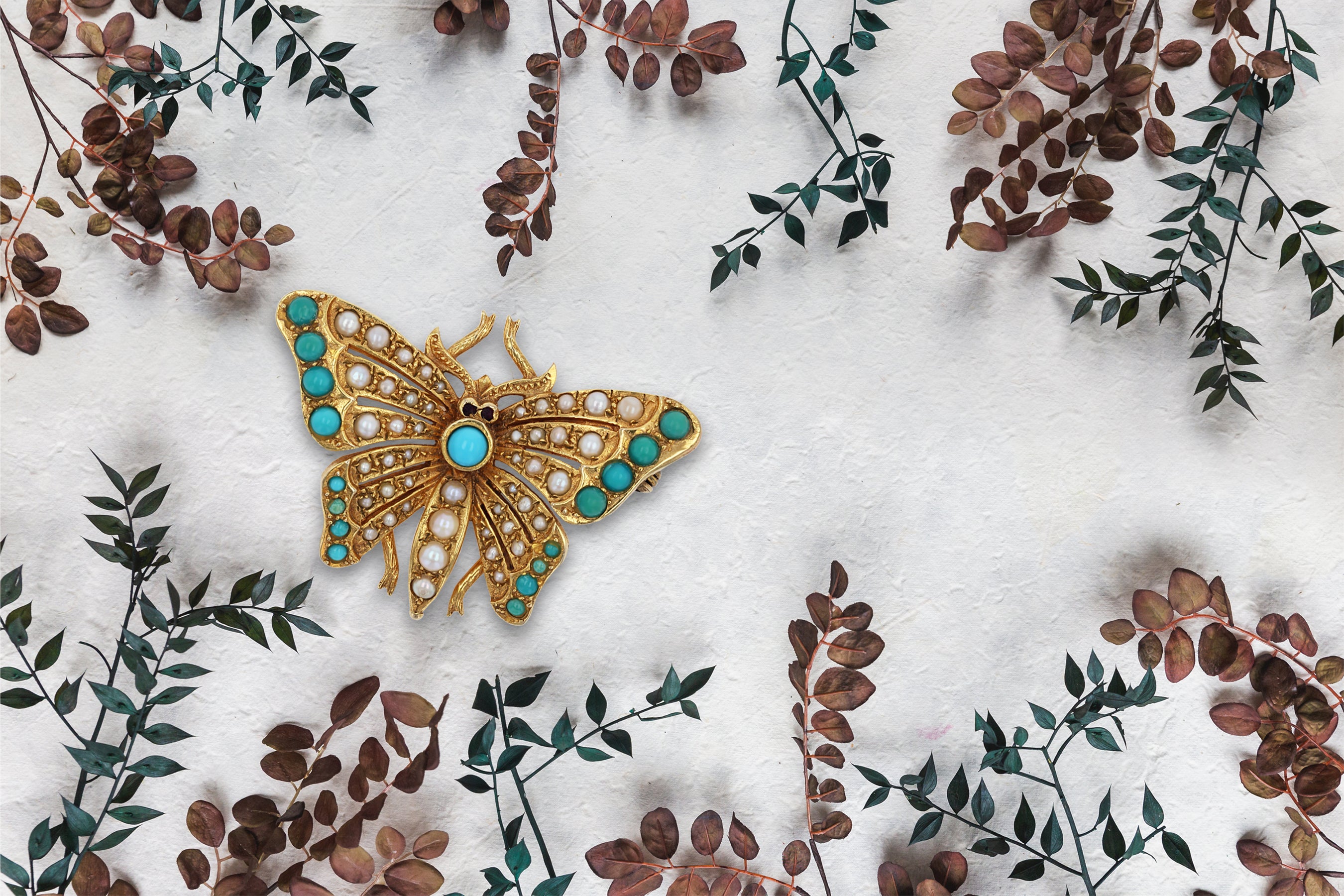 9ct Yellow Gold Turquoise & Pearl Butterfly Brooch.
